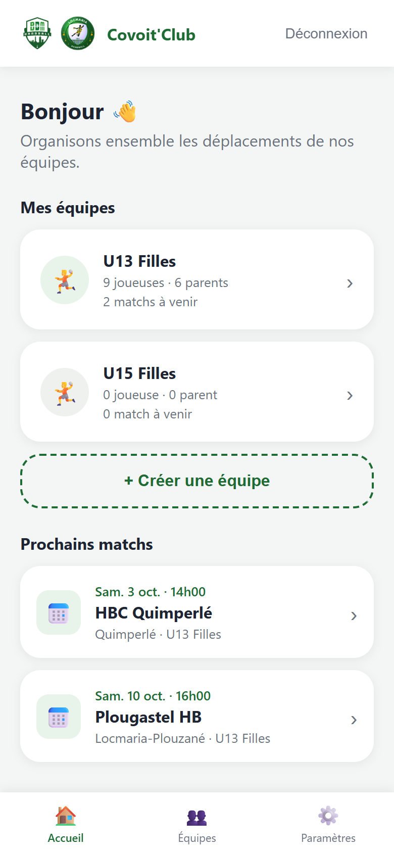 Accueil : liste des équipes U13 Filles et U15 Filles, puis les prochains matchs