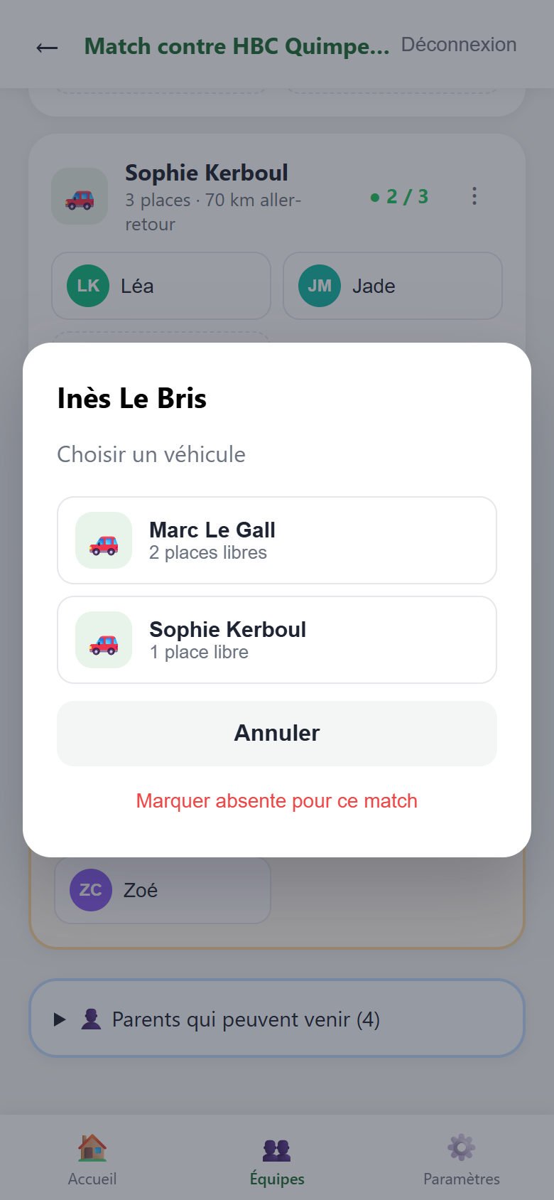 Fenêtre Inès Le Bris, choisir un véhicule : Marc Le Gall 2 places libres, Sophie Kerboul 1 place libre