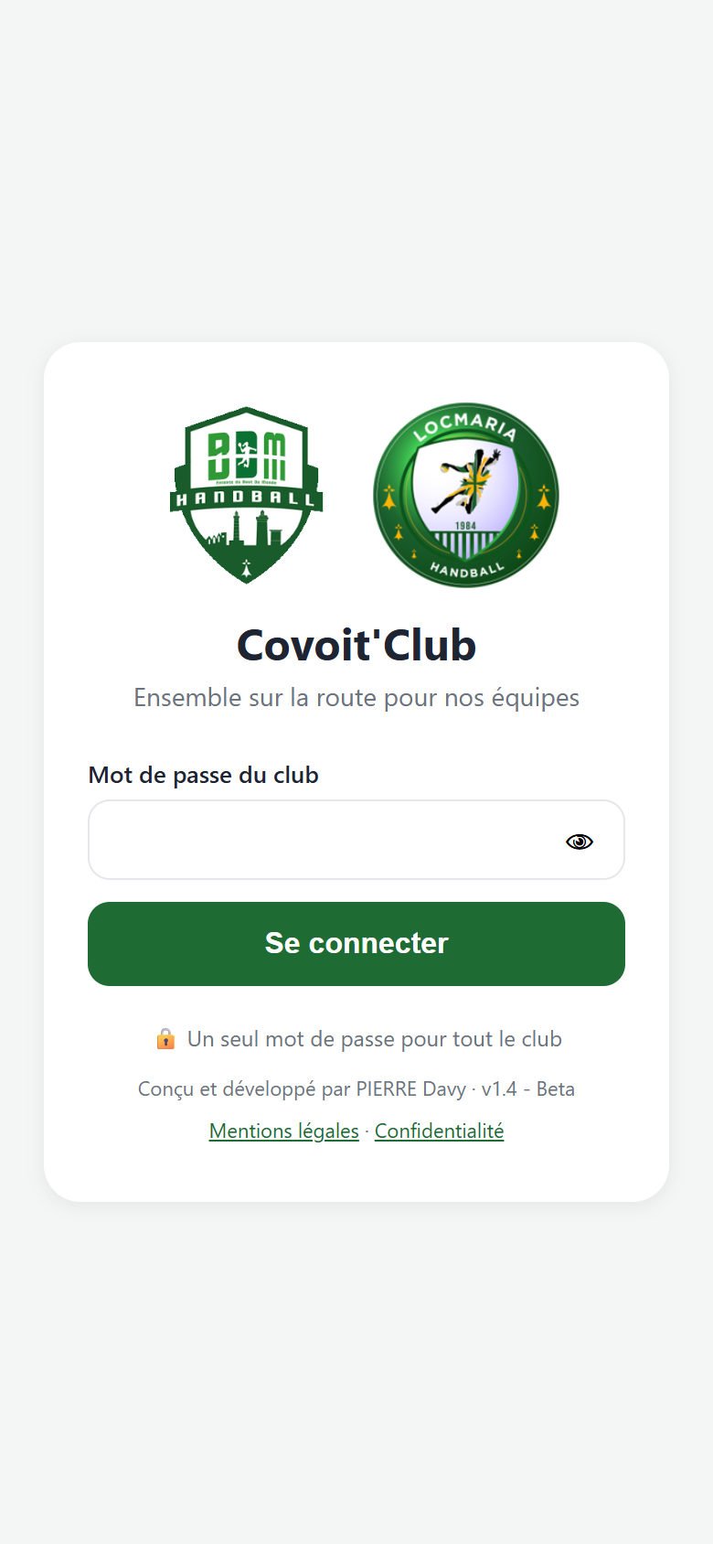 Écran de connexion de Covoit'Club avec la case Mot de passe du club et le bouton Se connecter