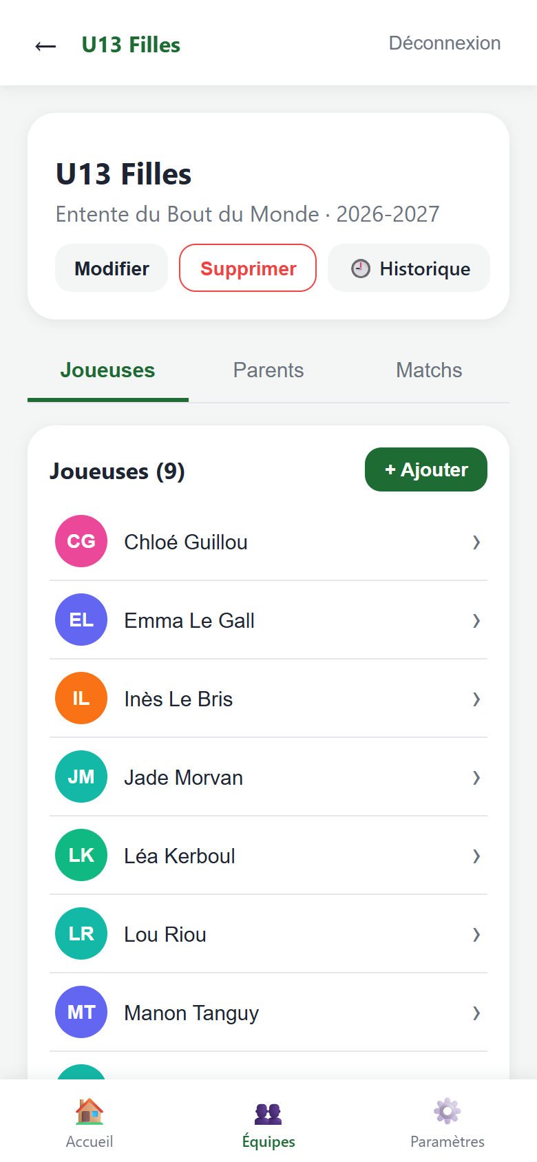 Page de l'équipe U13 Filles, onglet Joueuses avec neuf joueuses