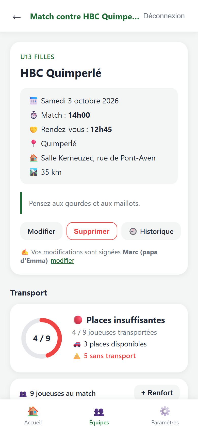 Fiche du match contre HBC Quimperlé : horaires, lieu, distance et résumé du transport 4 sur 9