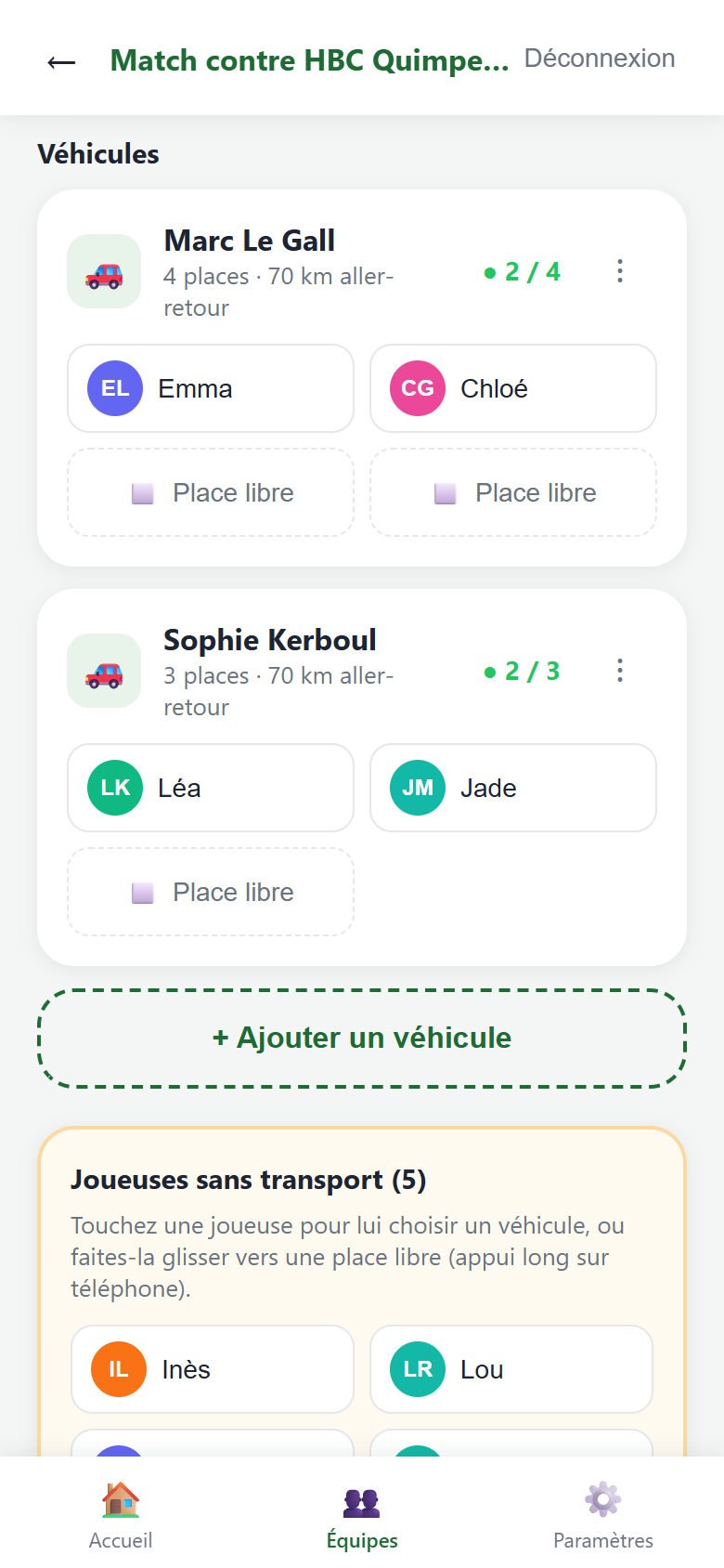 Deux voitures, celle de Marc Le Gall avec Emma et Chloé, celle de Sophie Kerboul avec Léa et Jade, et des places libres