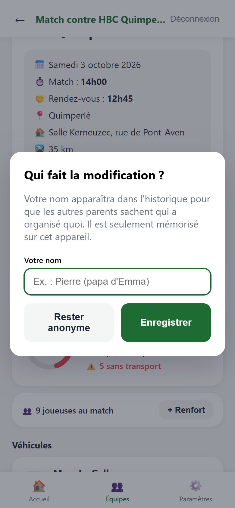 Fenêtre Qui fait la modification ? avec une case Votre nom et les boutons Rester anonyme et Enregistrer